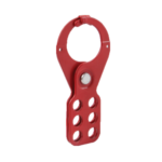 Industrial lockout hasp preventing accidental machine startups.